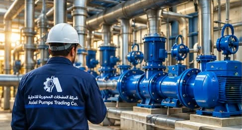Illustration of a technician inspecting an industrial pumping installation