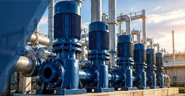 Blue industrial pumps and pipework